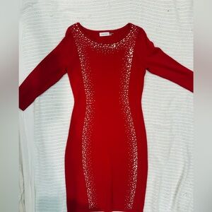 Calvin Klein Red Bodycon Dress | Size Small | Studded Sequin Detail Cocktail
